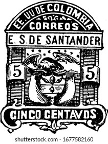 Santander, Colombian Republic Stamp (5 centavos) from 1886, a small adhesive piece of paper was stuck to something to show an amount of money paid, vintage line drawing or engraving illustration.