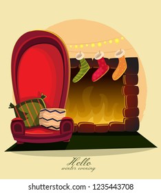 Santa's armchair with pillows near the fireplace with stocking
