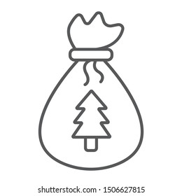 Santas bag thin line icon, christmas and gift, christmas sack sign, vector graphics, a linear pattern on a white background, eps 10.