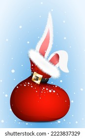 Santa's bag under the snowfall with rabbit ears sticking out of it. Concept of Christmas and Chinese New Year.