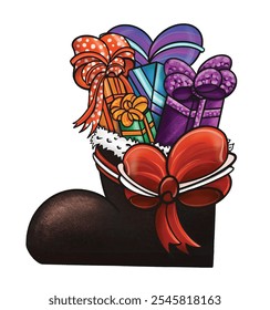 Santa's Boot with Gifts. Santa's black boot filled with colorful gifts and candies. A fun and festive design for Christmas projects.