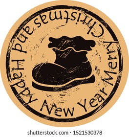 Santa's boot logo on craft paper background vector round shabby emblem design. Boot silhouette, old retro style. Mail stamp isolated. Round seal imitation. Vintage grunge icon stamp. Christmas theme.
