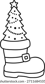 Weihnachtsstiefel mit Weihnachtsbaumkontur einzeln.
Kinder Malbücher und Vorlagen.
Transparenter Hintergrund.