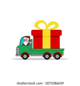 santa's car with a big gift, vector illustration isolated on white background