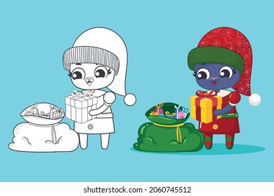 Ayudante del gato de Santa María preparando la bolsa de navidad con regalos