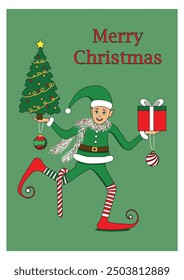 Santa's Christmas Elves cute little boy. Santa's helpers bring gifts and Christmas tree. Vector illustration for greeting card, website, holiday, poster, banner.