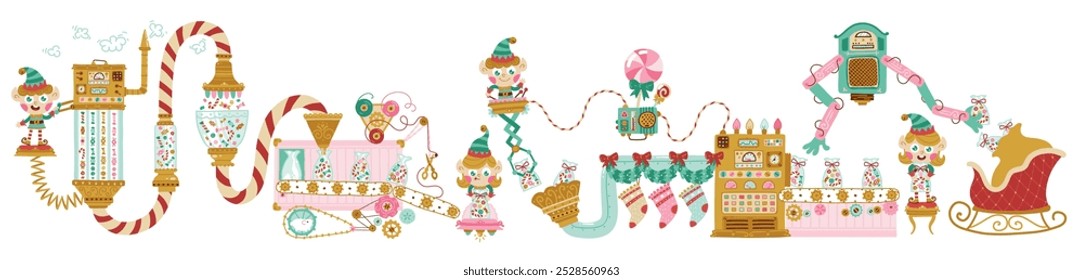 Santa's Christmas Factory, elves pack sweet candy gifts for kids. Hand drawn vector cartoon illustration in retro style, fantasy mechanisms, pipes and conveyors. white background