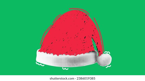 Santa es el sombrero de Navidad. Doodle rojo garabateado. Con líneas. Efecto semitónico. Ilustración vectorial aislada en un fondo verde. 