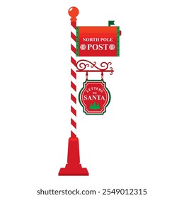 Santa's Christmas red mailbox on a pole. A mailbox with the inscription North Pole Letters for Santa. Santa's letter delivery. Illustrated vector clipart.