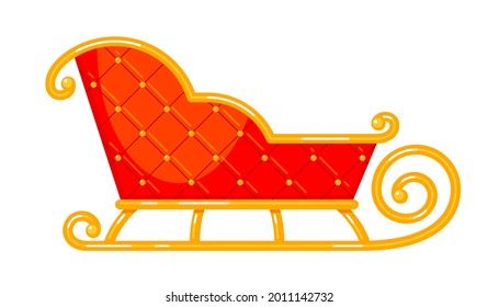 Santa's Christmas sleigh. Red empty vintage winter cart with golden runners. Vector colorful isolated illustration.