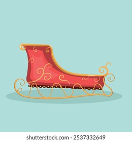Santa's Christmas sleigh. Red empty vintage winter cart with golden runners.