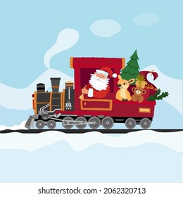 Santa's Christmas Train  with Christmas tree and presents, reindeer and teddy bear in the car for Christmas greeting cards and invitations. Clipart for Christmas pictures. Vector flat illustration.