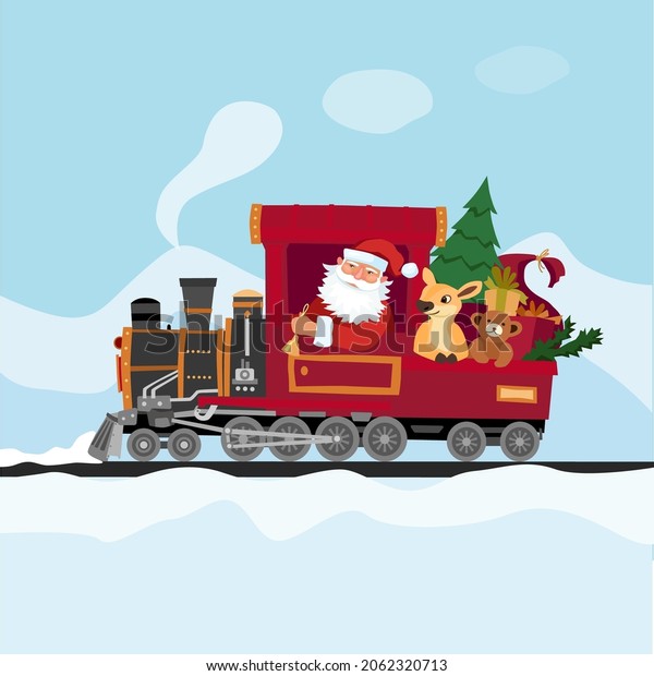 Santa\'s Christmas Train  with Christmas\
tree and presents, reindeer and teddy bear in the car for Christmas\
greeting cards and invitations. Clipart for Christmas pictures.\
Vector flat\
illustration.