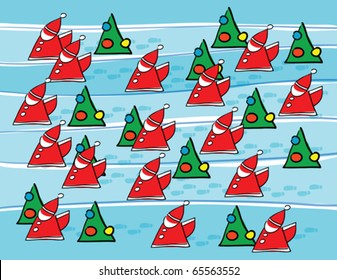 santas and christmas trees background, abstract vector art illustration