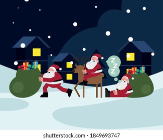 santas claus with reindeer and gifts bag christmas characters vector illustration design