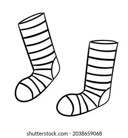 Santa's clothes. Stockings or socks. Christmas decor in doodle style. Vector illustration isolated on white background.