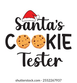 Santas Cookie Tester For Christmas Festive With Red And White Striped Border, Christmas Trees, Holly berries Leaves, Ribbon and Snow