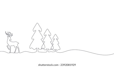 Santa's deer, elk, Christmas tree, background in one line style. New Year and Christmas background in minimalistic style. Hand painting. For printing, design, greetings and mood. Vector