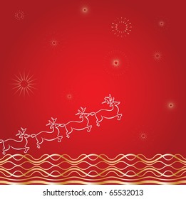 Santa`s deers on  red background, christmas card, vector illustration