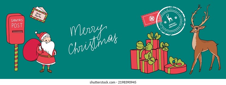 Santa's delivery banner with mailbox, deer, letter, postage stamp, gifts, Santa Claus. Merry Christmas hand drawn lettering