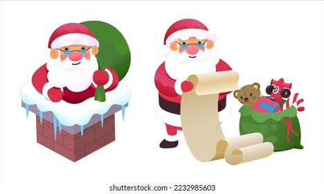 Santas in different situations. Vector illustrations. Christmas images. Santa stuck in chimney with bag of presents. Santa reading the letter with list of presents and bag of toys