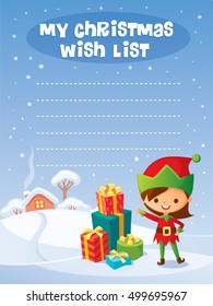 Santa's Elf with Christmas gifts and winter background