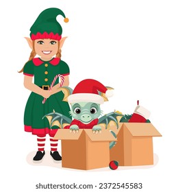 Santa's elf and cute dragon in big gift box. New Year. Vector illustration.