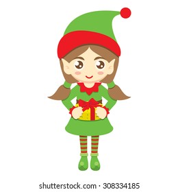 Santa's elf. Cute elf girl give a gift on white background. Vector illustration. Can use of banner, brochure, flyer, greeting card.