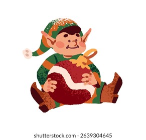 Santas elf sits with Christmas tree decoration, ball. Xmas character holds winter holiday toy. Cute boy in green costume with New Year bauble. Flat isolated vector illustration on white background