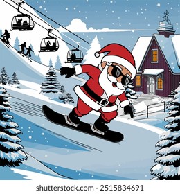 Santa's entertainment at ski resort. Ski resort valley with ski lift. Flat vector illustration. Skiing in snowy mountains, cable car and small hotel or wooden chalet