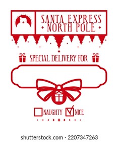 Santa's express -North pole. Xmas design for a personalized gift bag from Santa Claus. Template for christmas handmade gifts. Vector illustration.