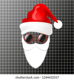 Santa's face element or carnival mask. Christmas and new year decoration for your selfie photo and video chat filter. Hat, beard and glasses. Isolated on transparent background.