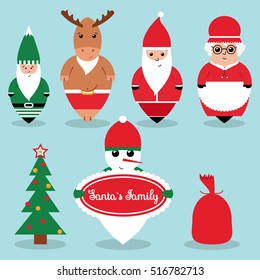 Santa`s family flat style christmas icons. Santa Claus deer dwarf Mrs. Claus and snowman isolated on blue background. Christmas characters flat design.