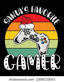 Santa's Favorite Gamer Funny Christmas shirt print template, Vintage retro gamer birthday boy Santa hat controller joystick vector illustration