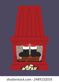 Santa's feet sticking out of the fireplace. Christmas illustration in doodle style.