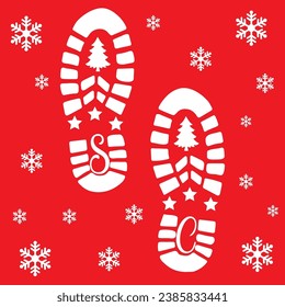 Santa's footprint on red background. Claus cutting foot template. Santa Claus footprint template designs with snowflakes. Flat style