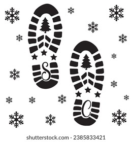 Santa's footprint on white background Claus cutting foot template. Santa Claus footprint template designs with snowflakes. Flat style