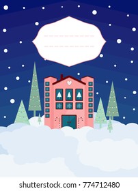 Santa's gift factory. Vector illustration for Christmas card. Blue and pink shades
