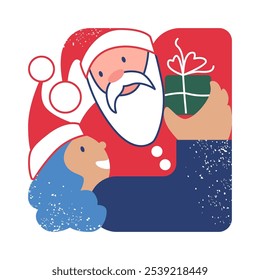 Santa's gift for a girl. Festive Xmas or winter greeting card. Hand drawn vector illustration.