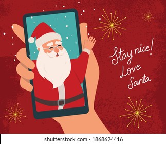 Santa's Grotto, Virtual Online Christmas Call, Web Call On Hand Holding Phone, Zoom Meet Call, Handwritten Santas Letter Message Kids Card Festive Retro Style Holidays Social Design Red Maroon Sparkle