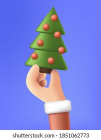 Santas hand with Christmas tree with red balls. Cartoon 3D design concept for holiday cards. Christmas vector illustration.