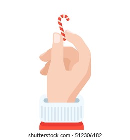 Santa's hand holding candy cane in flat design style. Christmas traditional decoration elements for greeting card, banners, websites, infographics.