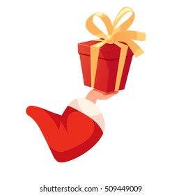 Santa's hand holding gift box vector illustration. Flat cartoon style, isolated christmas concept.