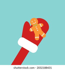 Santa's hand in a red mitten. Vector illustration isolated on white background.