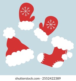 Santa's hat, boot and mittens. Isolated objects. Flat cartoon illustration