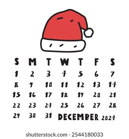 Santa's hat. December 2024. Calendar. Illustration on white background.