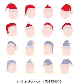 Santa's hat for girls and for boys. White and blue hats for holidays. Merry Christmas.