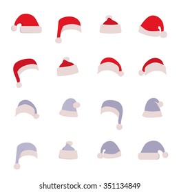 Santa's hat for girls and for boys. White and blue hats for holidays. Merry Christmas.