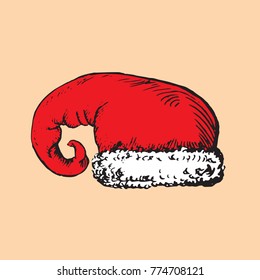 Santa`s hat, hand drawn doodle sketch, isolated vector color illustration