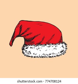 Santa`s hat, hand drawn doodle sketch, isolated vector color illustration